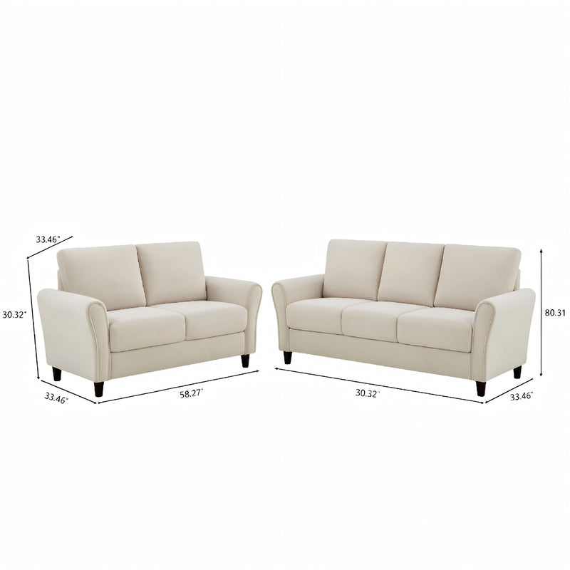 Beige 2-piece sofa set with loveseat and sofa, upholstered arms, short dark legs