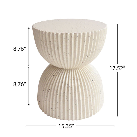 Beige speckled ribbed side table with stacked hourglass bowl silhouette