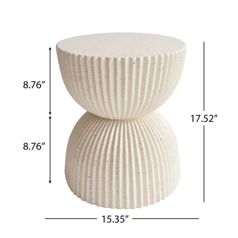 Beige speckled ribbed side table with stacked hourglass bowl silhouette