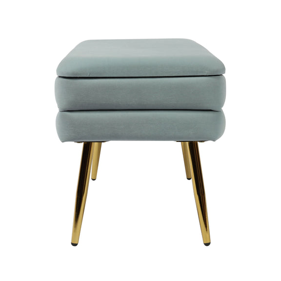 Ziva velvet storage bench in light blue-gray with padded top and gold legs.