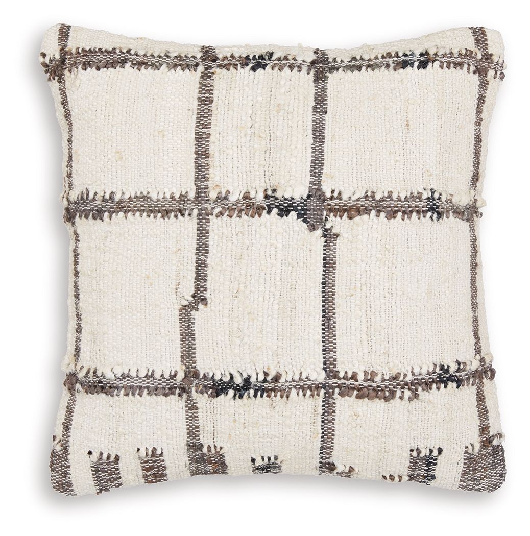 Woven plaid throw pillow with brown and black grid on cream, stitched edges