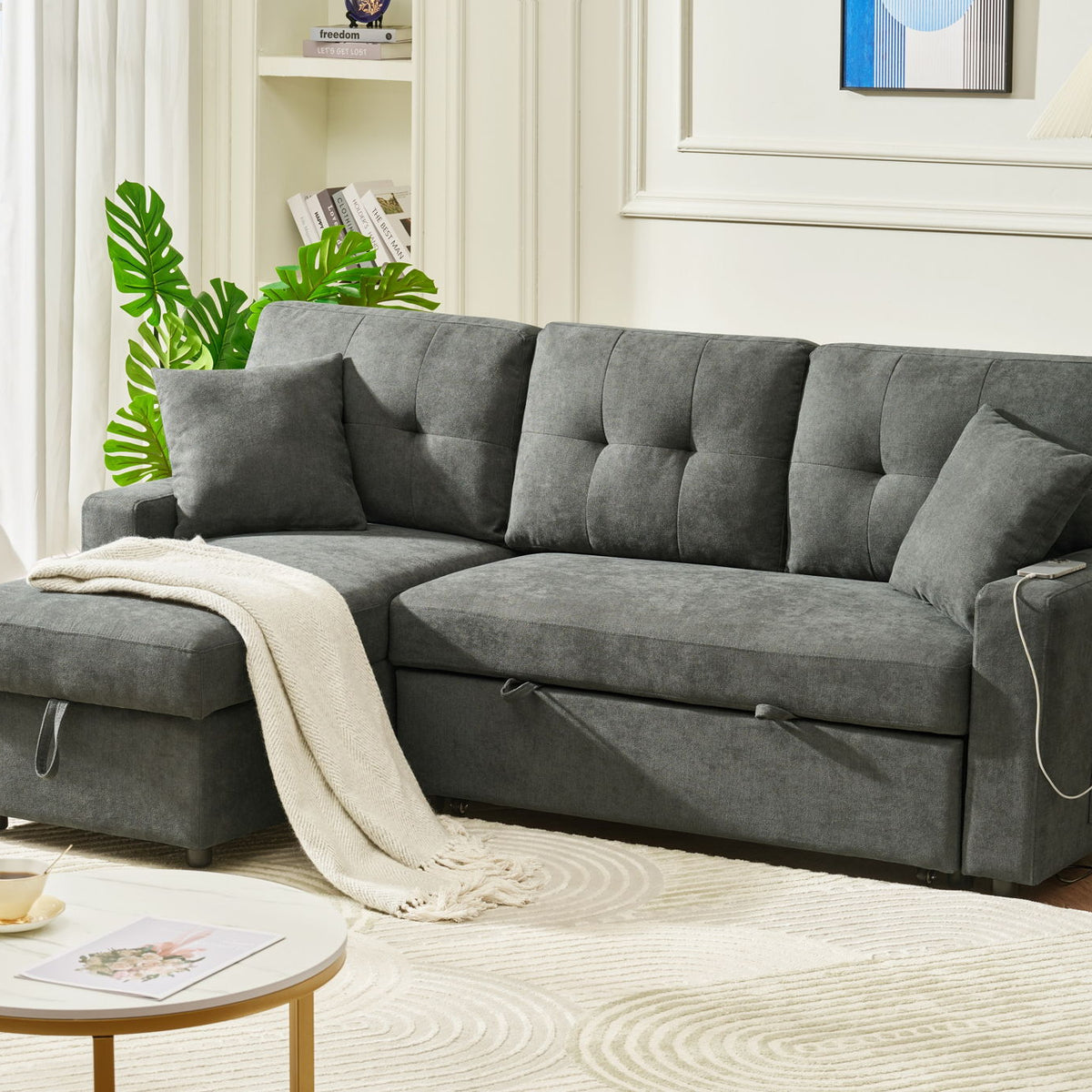 Reversible Sofa Couch Sleeper With Pull Out Bed And USB Port