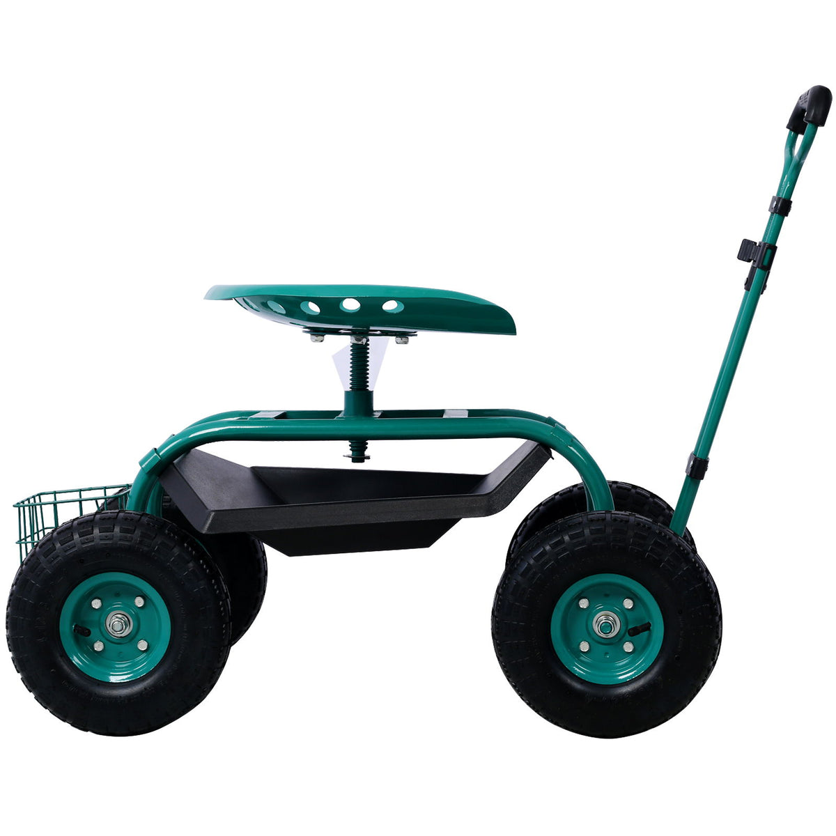 Garden scooter cart with teal swivel seat, four wheels, and front tool tray