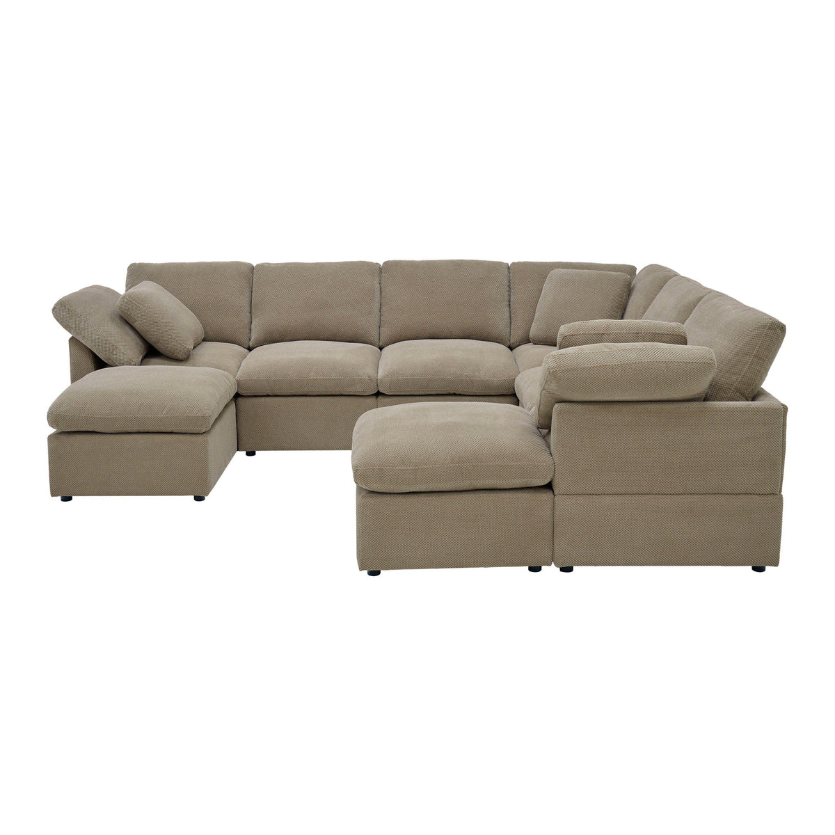 Light brown U-shaped modular sectional with deep seats and loose cushions.