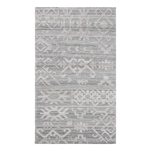 Tundra gray rug with repeating chevron and diamond motifs, full view