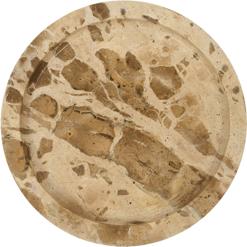 Round beige marble tray with speckled texture and natural veining, circular top view