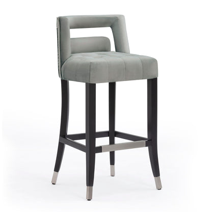 Hart velvet stool, pearl silver velvet seat and back, dark wood legs and footrest