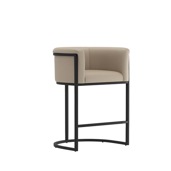 Beige upholstered counter stool with curved armrest and black metal frame