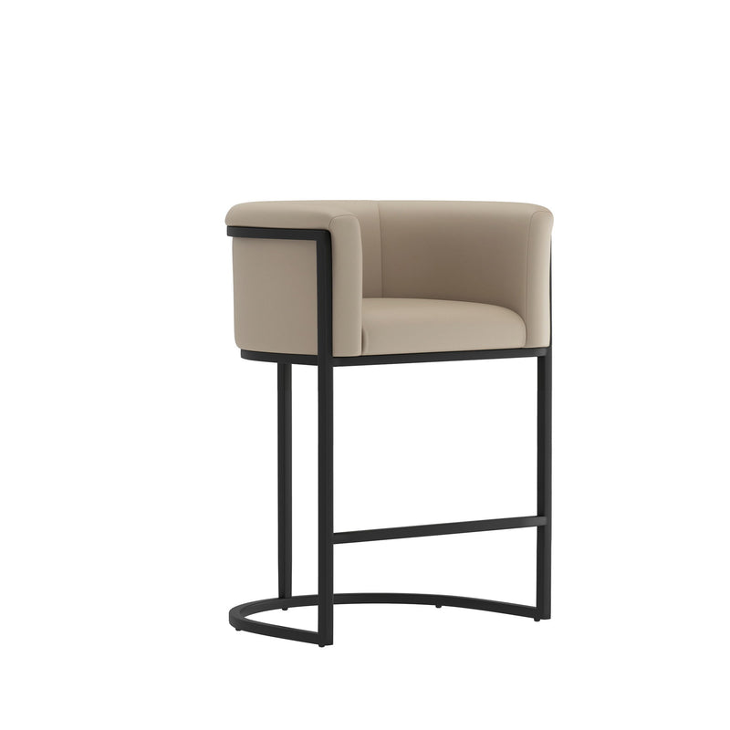 Beige upholstered counter stool with curved armrest and black metal frame