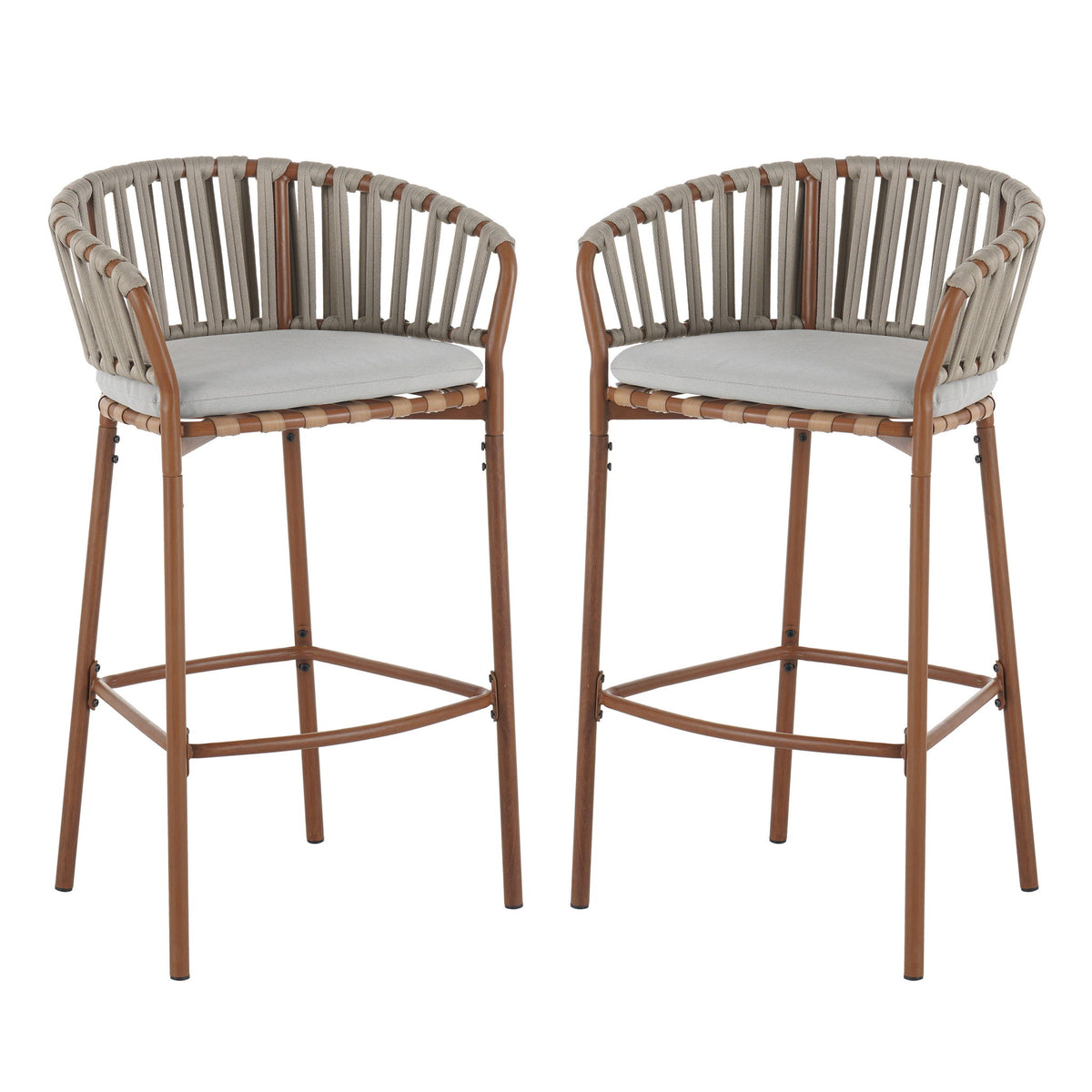 Lodi - Outdoor Matal Rope Barstool, Teak / Beige (Set of 2) - Teak / Beige