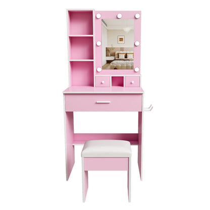 Vanity Table With Mirror, Adjustable LED Lights, Power Outlet, Hairdryer Holder & Stool