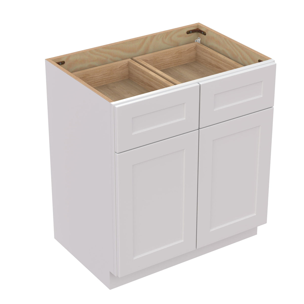 White shaker base cabinet with two front doors and open compartment showing shelves