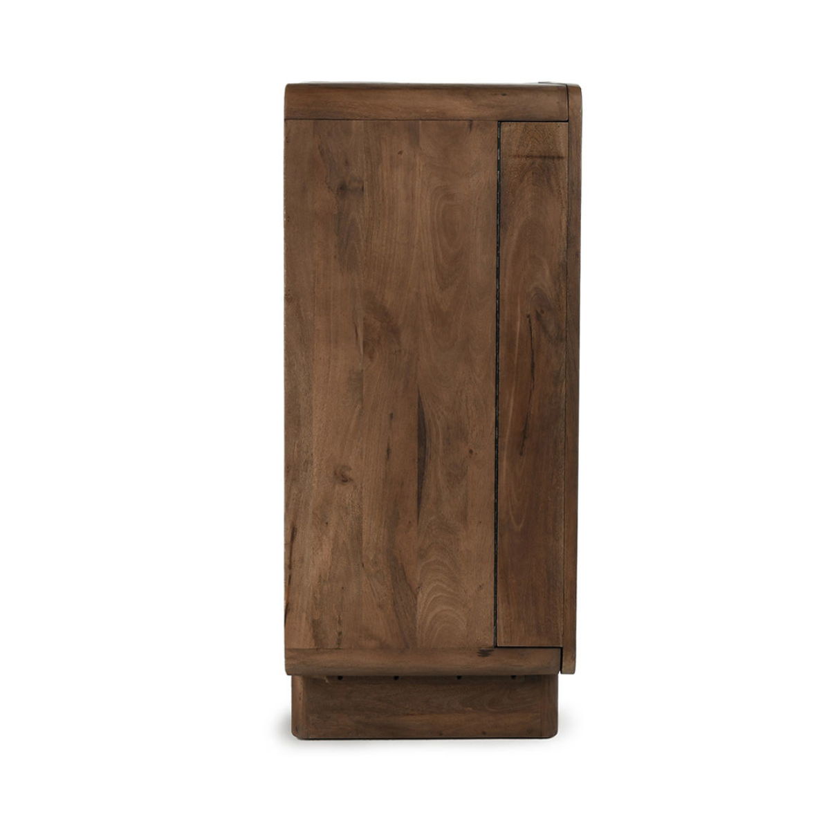 Bar cabinet side panel in warm artisan brown wood with simple door and base.