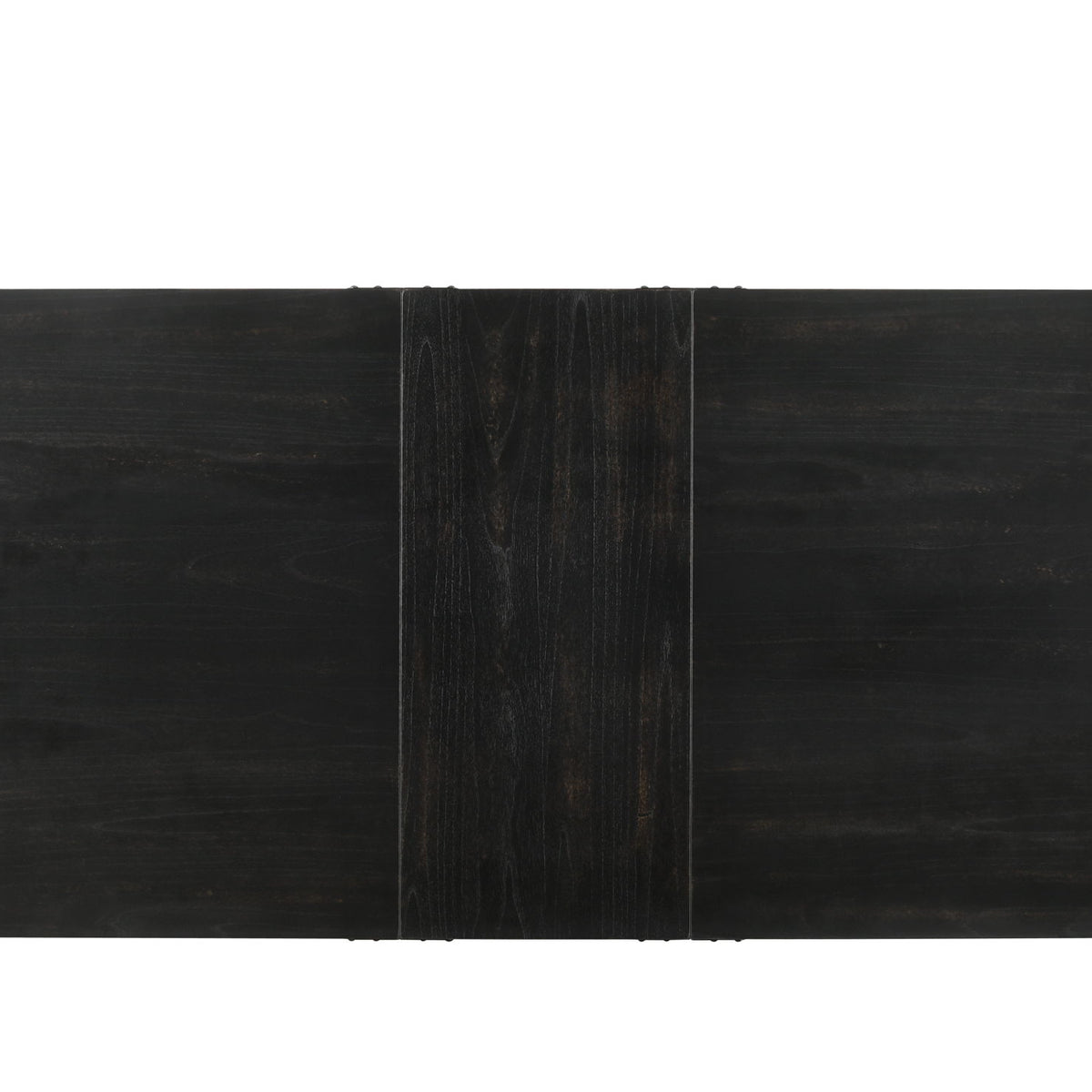 Black rectangular dining table top with dark wood grain panel seams