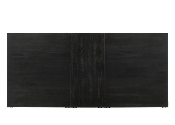 Black rectangular dining table top with dark wood grain panel seams