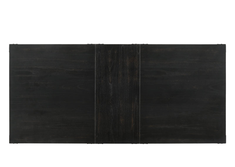Black rectangular dining table top with dark wood grain panel seams