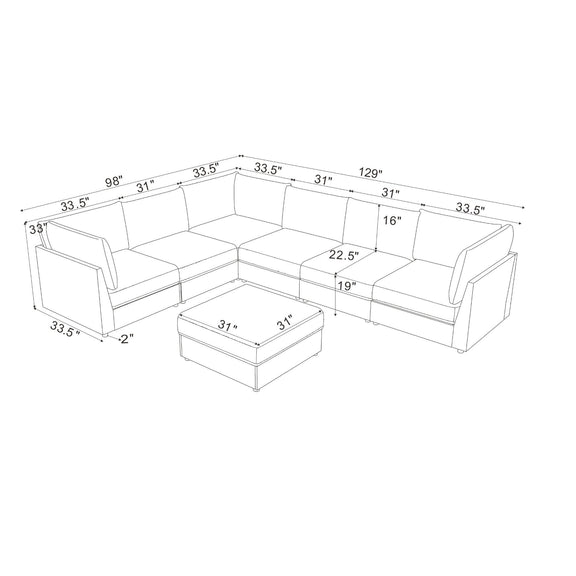 Modular sectional sofa with ottoman, white outline view with labeled dimensions.