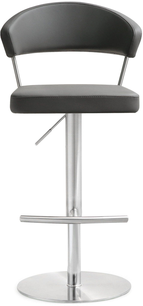 Black upholstered barstool side view with chrome pedestal and round base