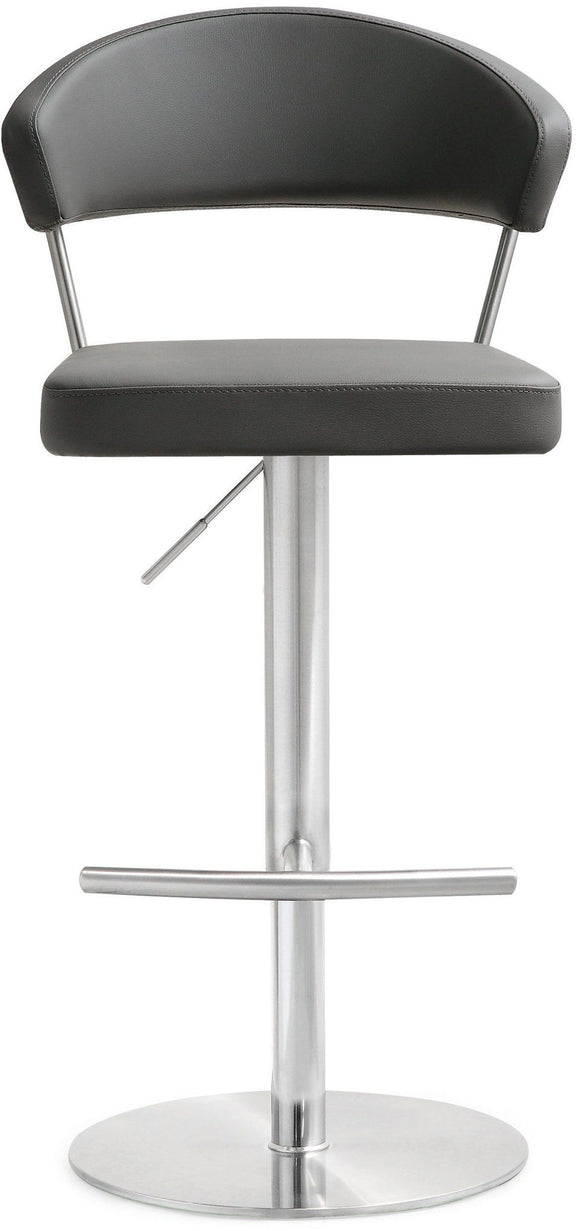 Black upholstered barstool side view with chrome pedestal and round base