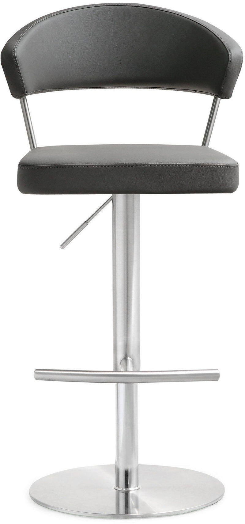 Black upholstered barstool side view with chrome pedestal and round base