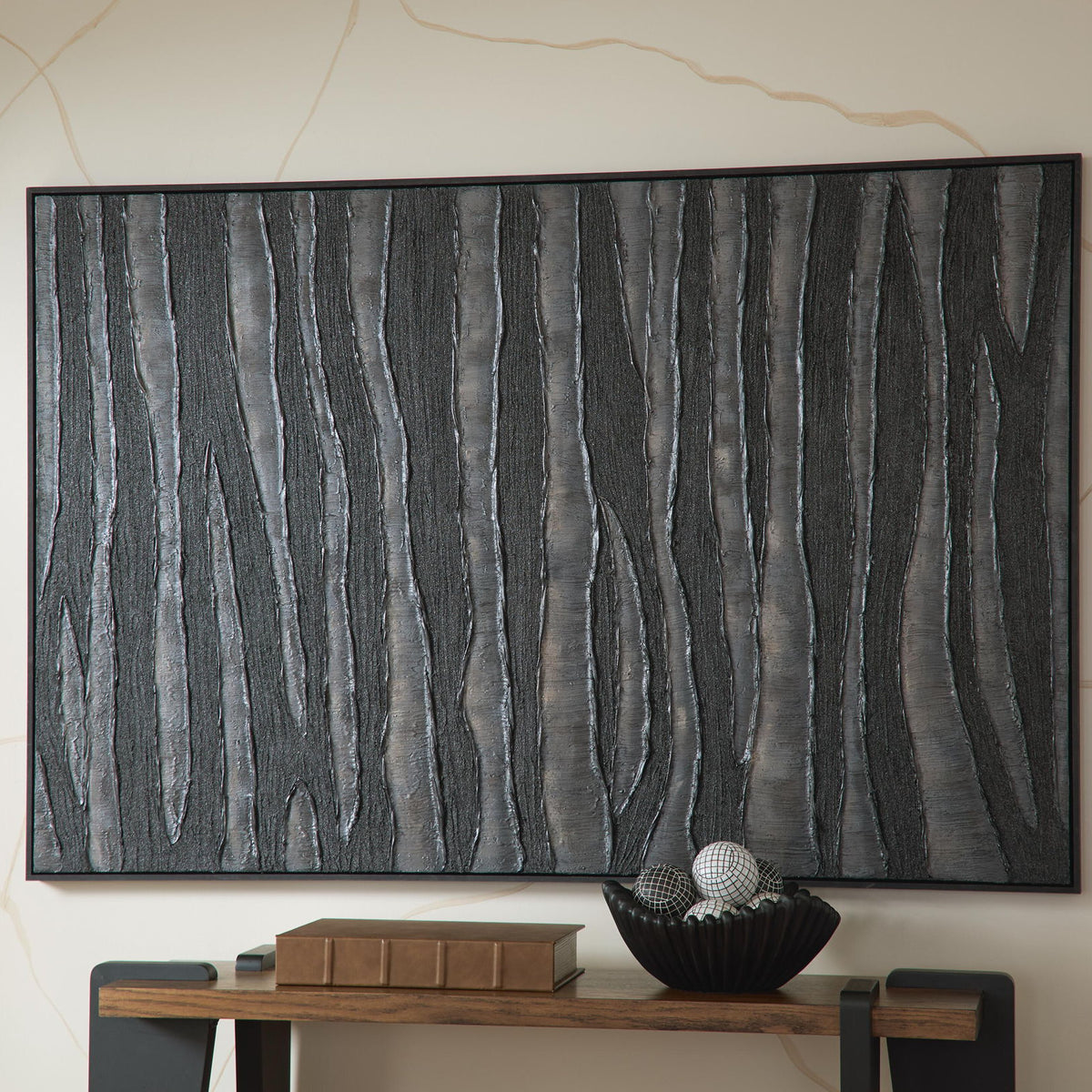 Rectangular framed wall art with vertical black and brown woodgrain texture