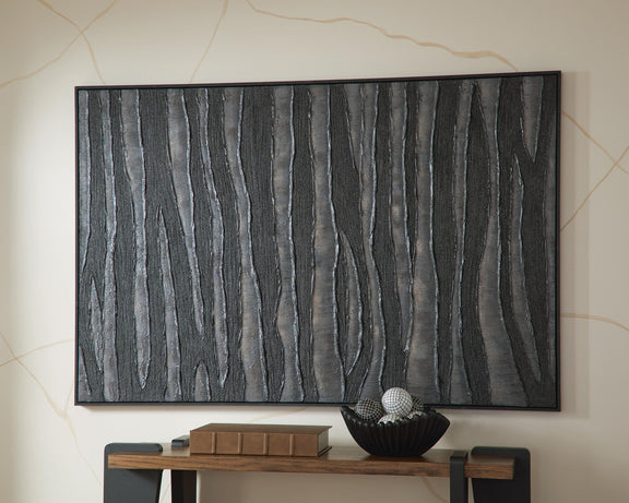 Rectangular framed wall art with vertical black and brown woodgrain texture