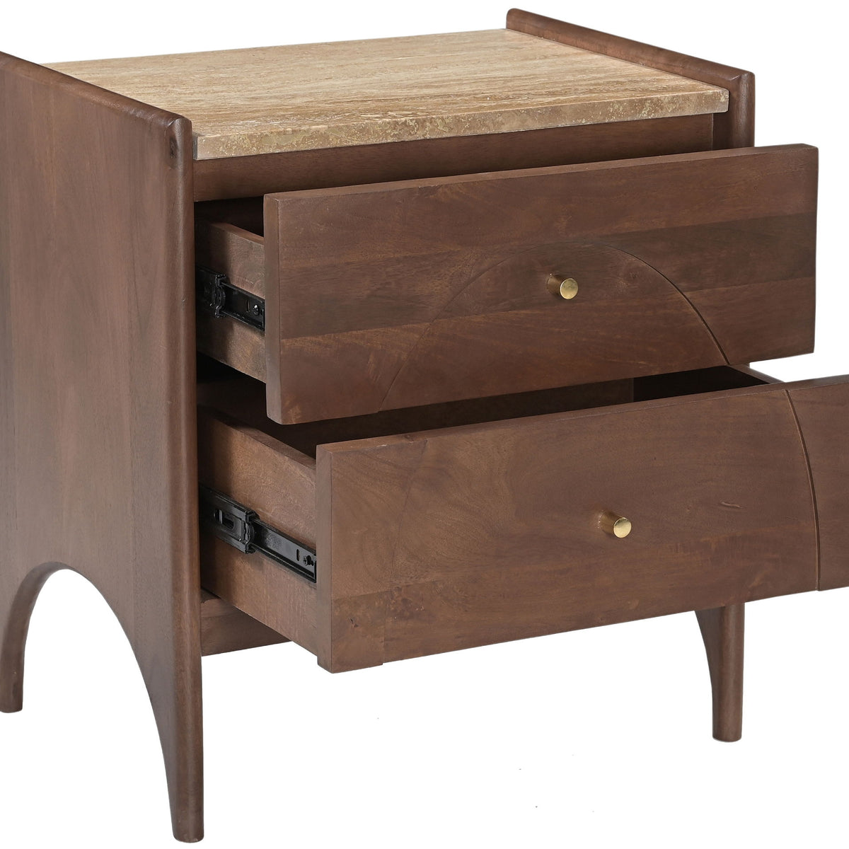 Dark brown mango wood nightstand with stone-look top, two open drawers, brass knobs