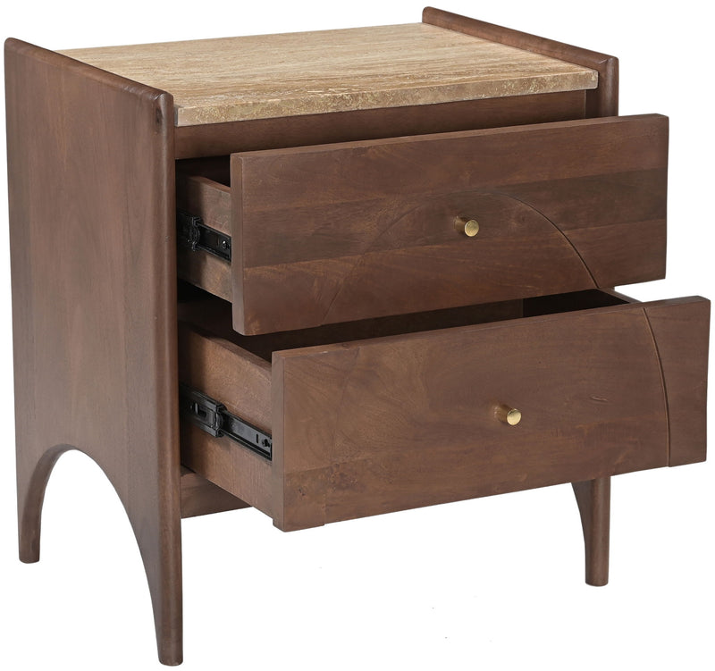 Dark brown mango wood nightstand with stone-look top, two open drawers, brass knobs