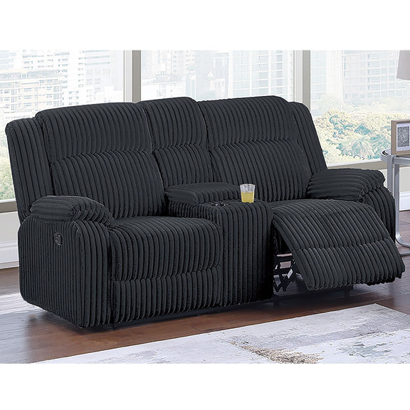 Black corded loveseat recliner with wide headrest and padded arm console