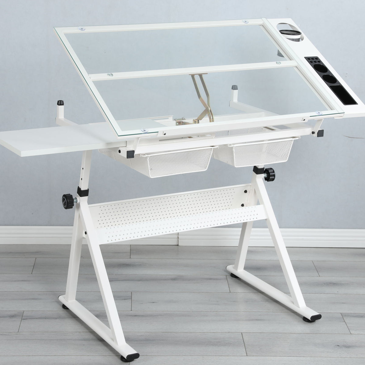 Adjustable Tempered Glass Drafting Printing Table With Chair