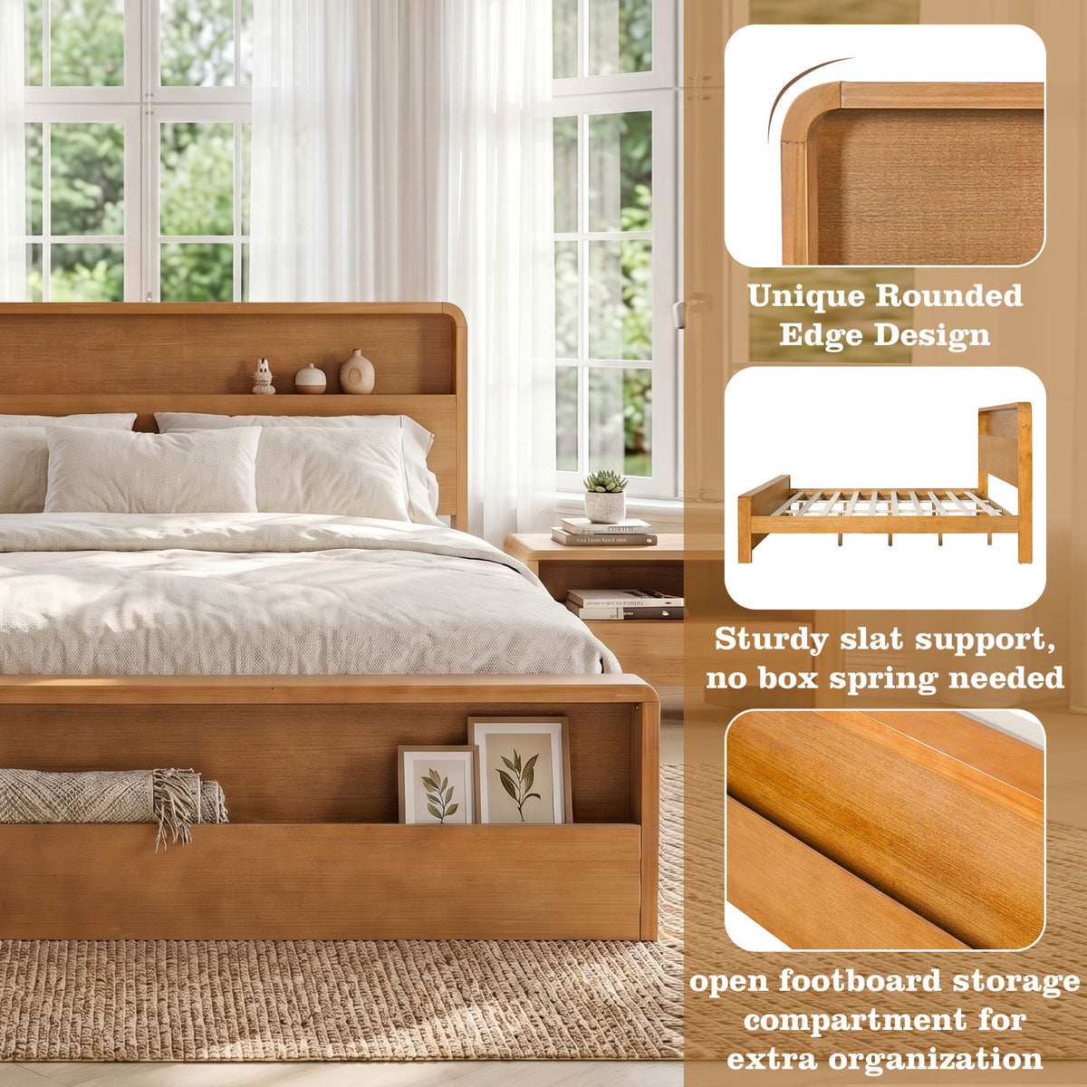 Light brown bed frame with rounded edges, slat support, and open footboard storage