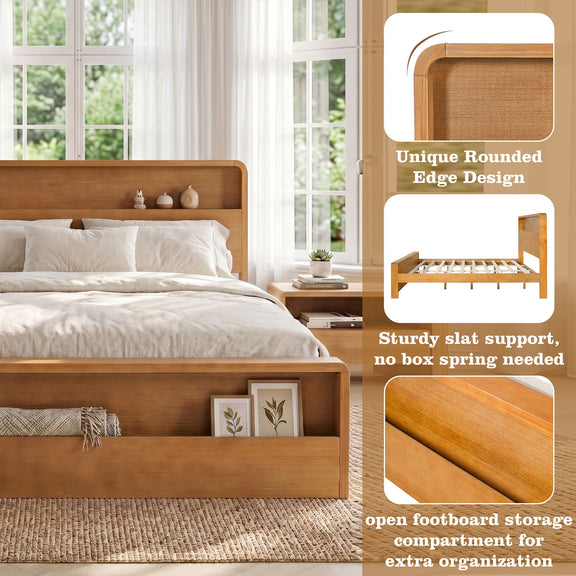 Light brown bed frame with rounded edges, slat support, and open footboard storage