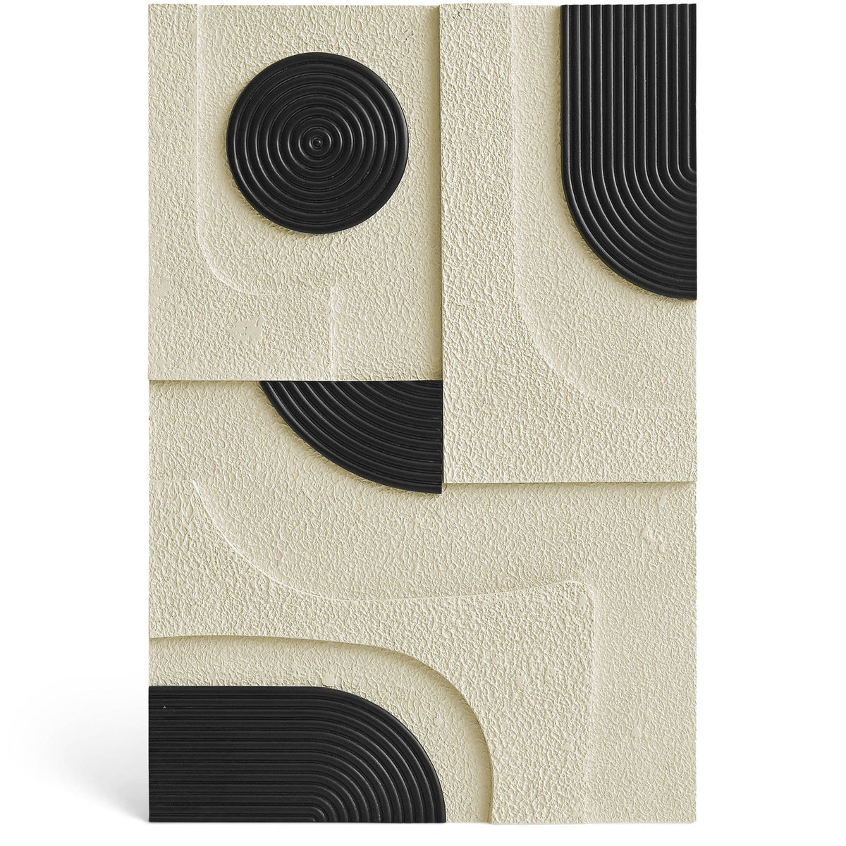 Mango wood wall decor panel with dark spiral and arc inlays on a textured light base