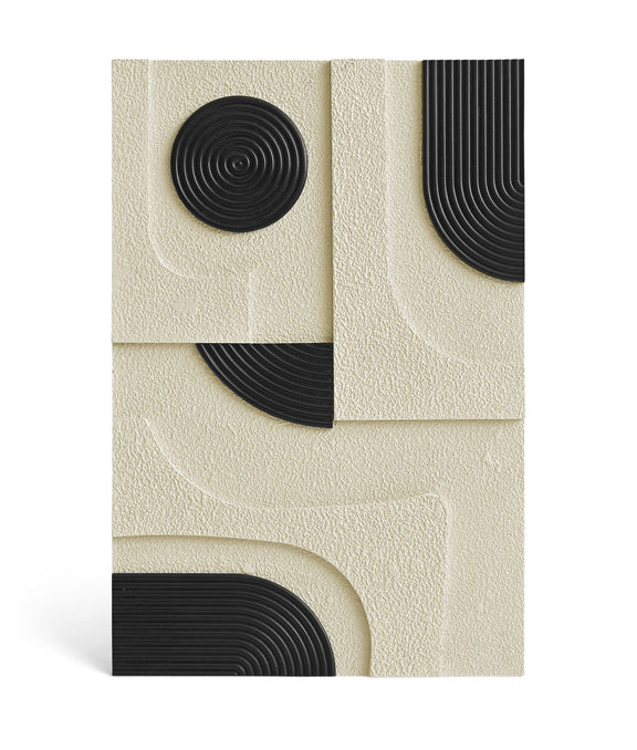 Mango wood wall decor panel with dark spiral and arc inlays on a textured light base