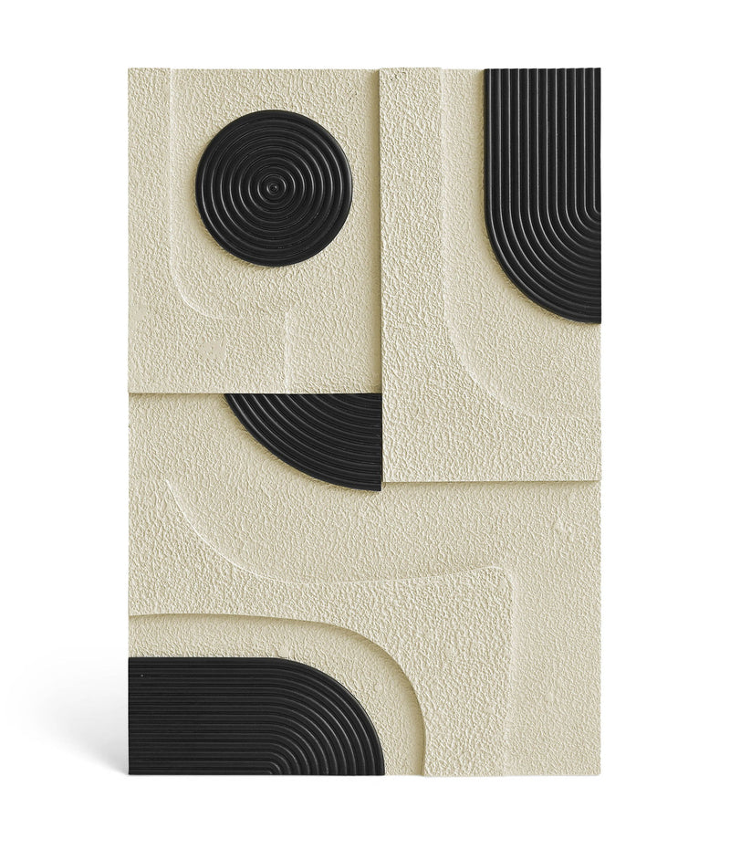 Mango wood wall decor panel with dark spiral and arc inlays on a textured light base