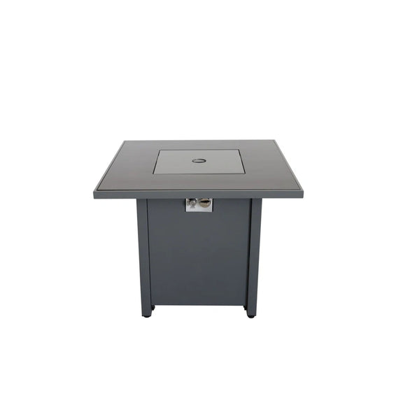 Gray outdoor fire pit table with square lid and visible fire box opening