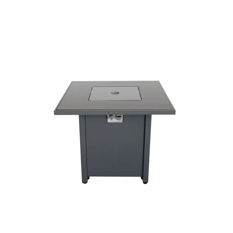 Gray outdoor fire pit table with square lid and visible fire box opening