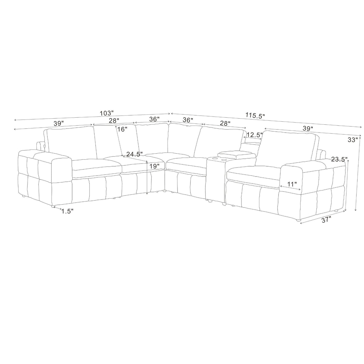 Modular U-shaped sectional sofa with large square arms