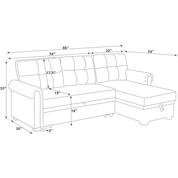 Sleeper sofa dimensions diagram showing sectional and storage chaise layout