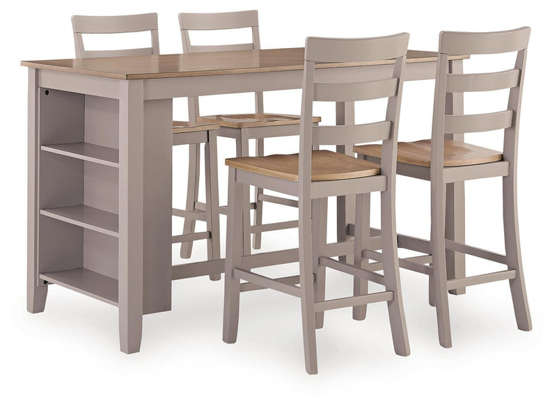 Dining table set with four barstools, light wood top and gray frames