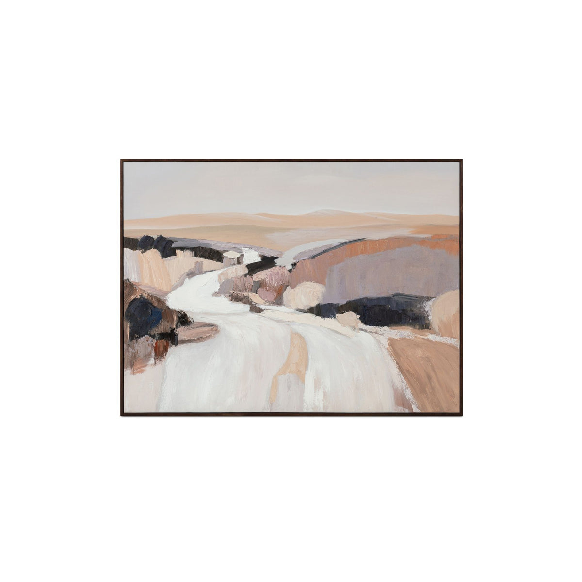 Framed abstract landscape painting in multicolor, wide horizontal view