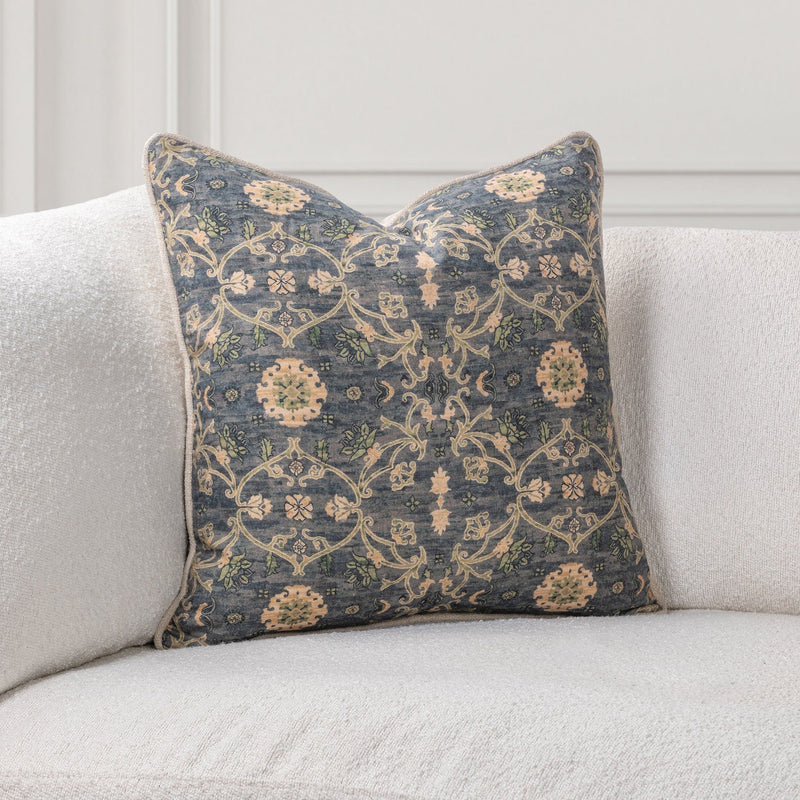 Blue-gray damask floral accent pillow with beige trim, 22-inch square