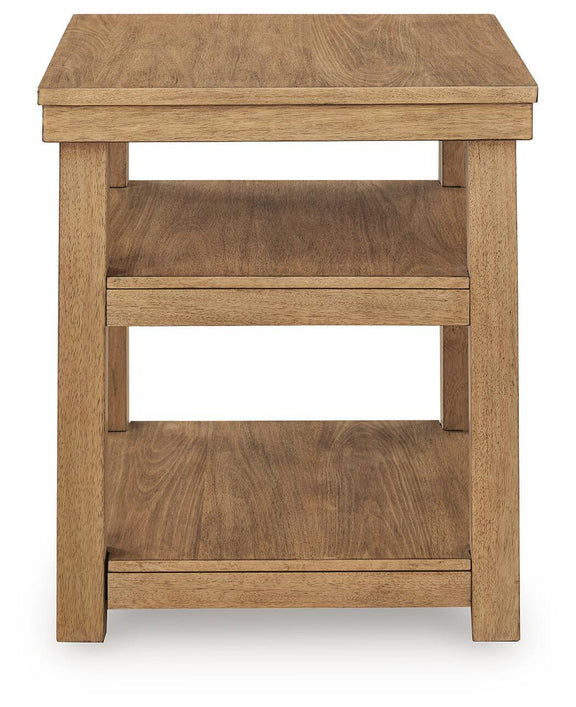 Natural wood rectangular end table with open middle and lower shelves, square legs