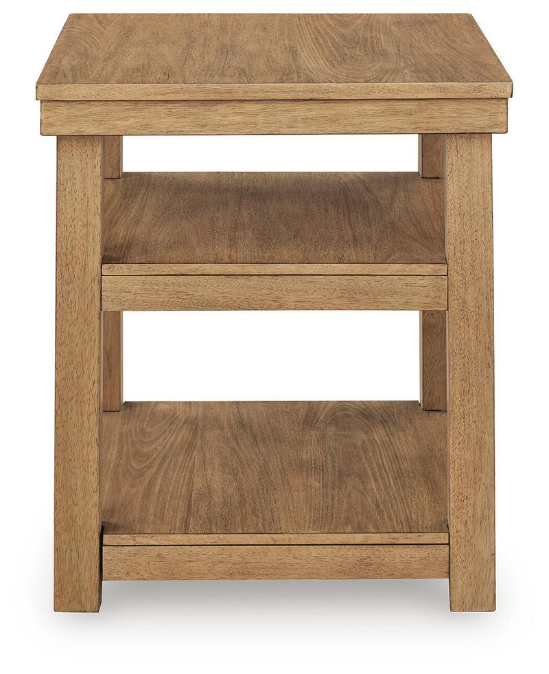 Natural wood rectangular end table with open middle and lower shelves, square legs