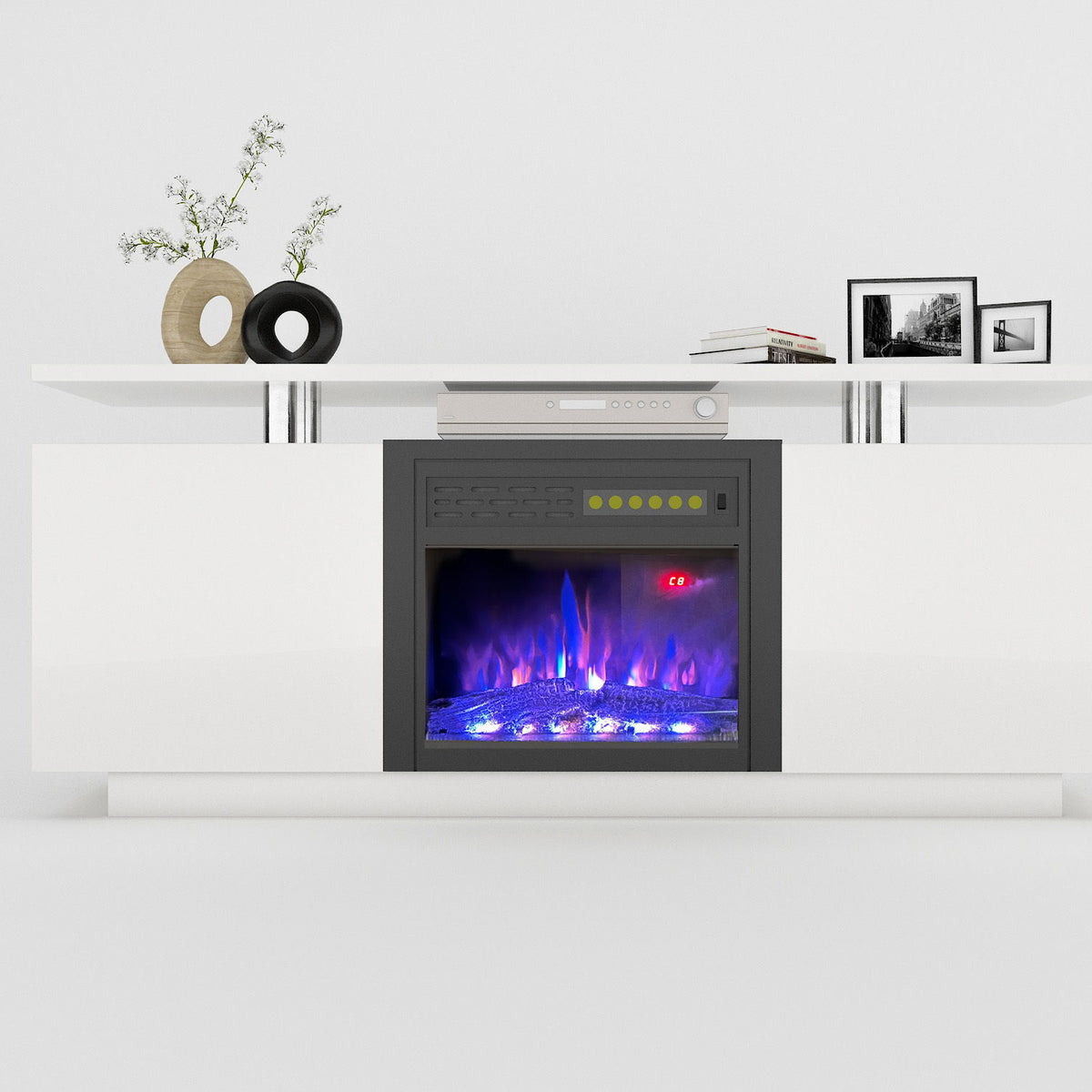 TV Cabinet, TV Unit With Fireplace, Have Heat And Flame Color Changes - White