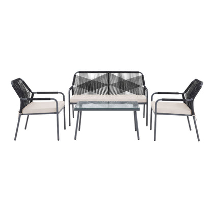 Outdoor 4-piece conversation set with dark frames and light seat cushions