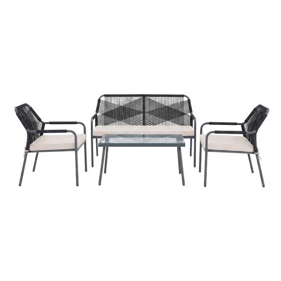 Outdoor 4-piece conversation set with dark frames and light seat cushions