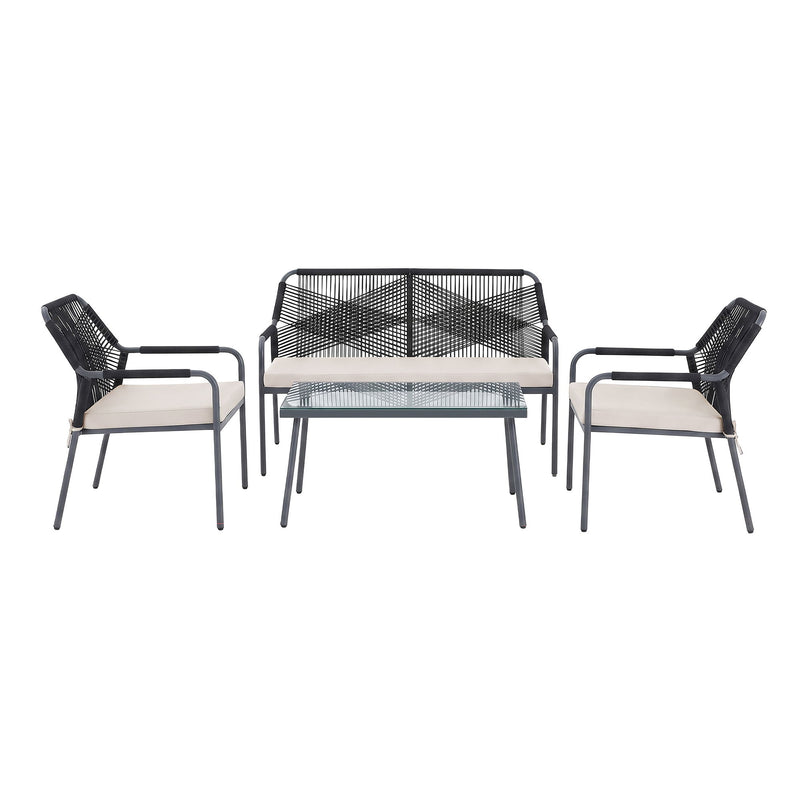 Outdoor 4-piece conversation set with dark frames and light seat cushions