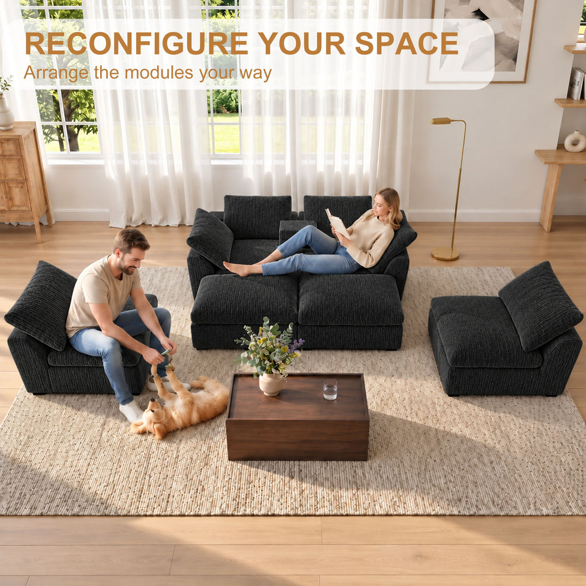Black modular sectional sofa with chaise ottoman modules and storage console