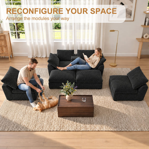 Black modular sectional sofa with chaise ottoman modules and storage console